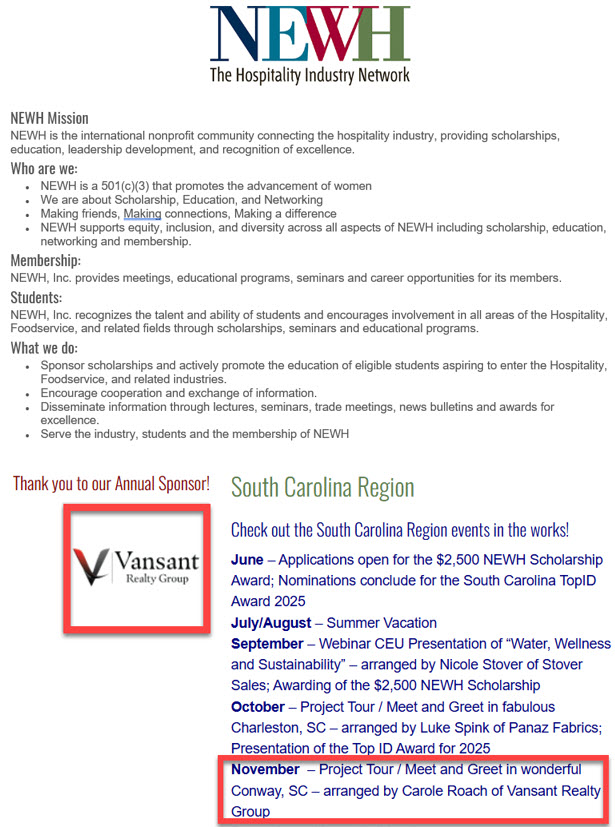 Upcoming NEWH South Carolina Region Events